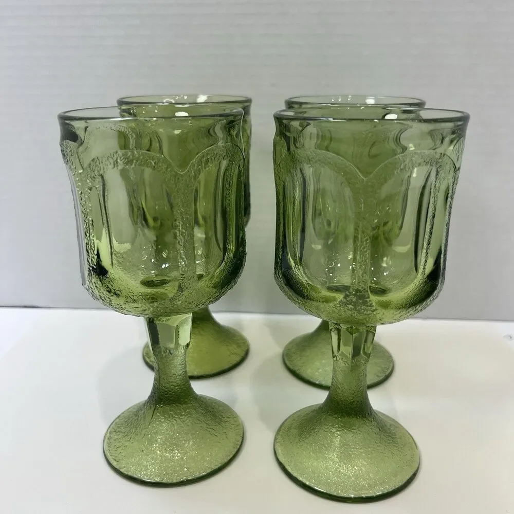Vintage Fostoria Woodland Green Wine Water Glasses Goblets Set Of 4  Textured